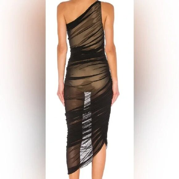 Norma Kamali Diana Ruched One-Shoulder Midi-Dress Black Mesh Sheer Small NWT - Picture 2 of 9
